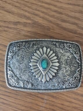 Ornate Silver Belt Buckle with Turquoise Stone